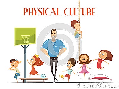 Physical Culture Lesson Retro cartoon Illustration Vector Illustration