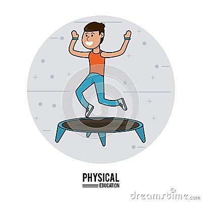 Physical education - boy practice jumping trampoline sport Vector Illustration