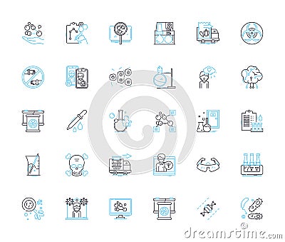Physical examination linear icons set. Assessment, Inspection, Auscultation, Inspection, Observation, Palpation Vector Illustration