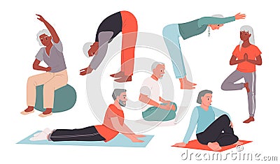 Physical exercises, sport and yoga of senior people set, elder person doing active poses Vector Illustration