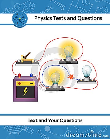 Physical experiment of studying electric current in an electrical circuit. Circuit consisting of connected lightbulbs, battery Vector Illustration