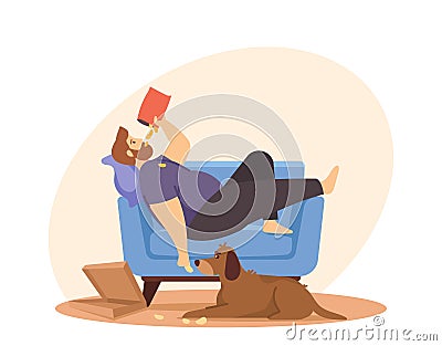 Physical Inactivity, Passive Lifestyle, Bad Habit. Sedentary Life Concept. Overweight Man Lying on Sofa Eating Chips Vector Illustration