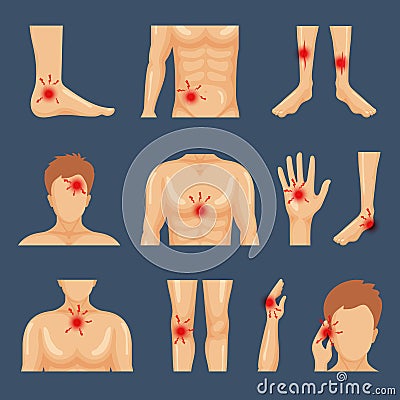 Physical injury. Body parts shoulders trauma pain legs healthy lifestyle flat symbols vector Vector Illustration