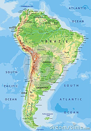 High detailed South America physical map with labeling. Vector Illustration