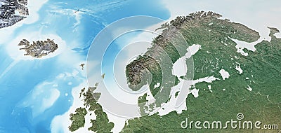 Physical map of Scandinavia, Northern Europe Cartoon Illustration