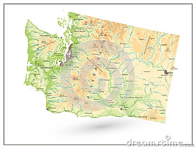 Physical map of Washington state isolated on white Vector Illustration