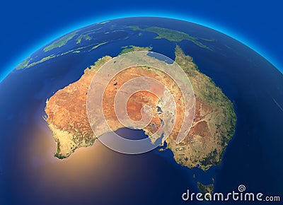 Physical map of the world, satellite view of Australia. Oceania. Globe. Hemisphere. Reliefs and oceans. Stock Photo