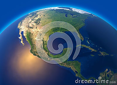 Physical map of the world, satellite view of central America. Globe. Hemisphere. Reliefs and oceans Stock Photo