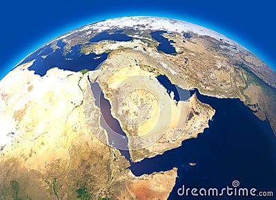 Physical map of the world, satellite view of the Middle East. Africa, Asia. Globe. Hemisphere. Reliefs and oceans. Stock Photo