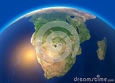 Physical map of the world, satellite view of South Africa. Globe. Hemisphere. Reliefs and oceans Stock Photo