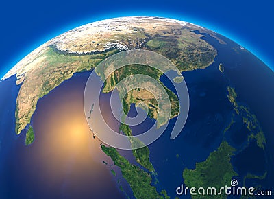 Physical map of the world, satellite view of Southeast Asia, Indonesia. Globe. Hemisphere. Reliefs and oceans Stock Photo