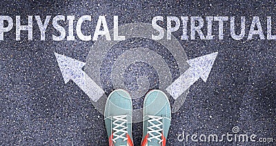Physical and spiritual as different choices in life - pictured as words Physical, spiritual on a road to symbolize making decision Cartoon Illustration