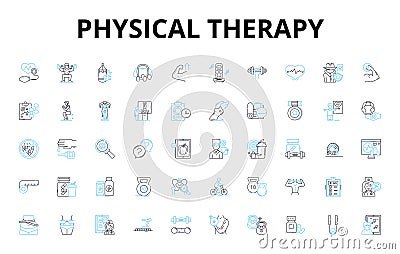 Physical therapy linear icons set. Rehabilitation, Exercises, Manual, Orthopedic, Strength, Flexibility, Mobility vector Vector Illustration