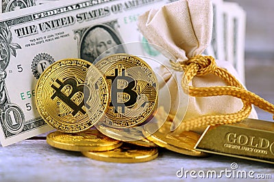 Physical version of Bitcoin, new virtual money. Stock Photo