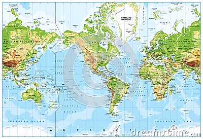 Physical World Map America Centered and Bathymetry Vector Illustration