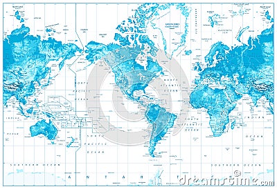 Physical World Map-America Centered Vector Illustration