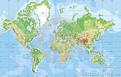 Physical World map in Mercator projection. Vector Illustration