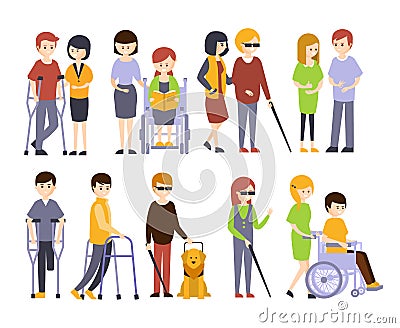 Physically Handicapped People Receiving Help And Support From Their Friends And Family, Enjoying Full Life With Vector Illustration