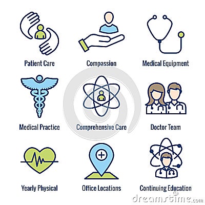 Physician Care Icon Set w medical, patient, and health care, etc Vector Illustration