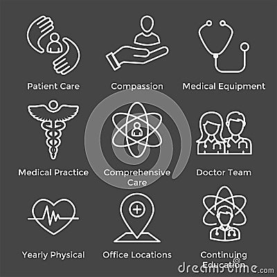 Physician Care Icon Set w medical, patient, and health care, etc Vector Illustration