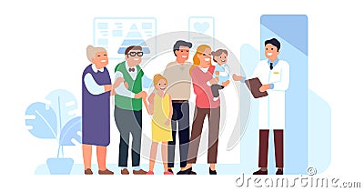 Physician consults family. Medical specialist consultation. Patients group examination. Parents with kids and Vector Illustration