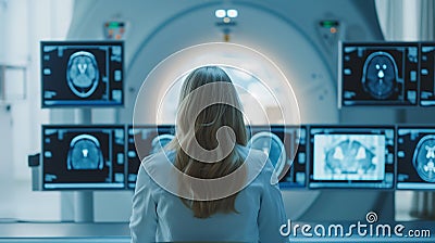 A physician's dedication to interpreting brain scans on screens adjacent to MRI Stock Photo