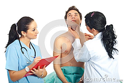 Physician woman examine neck male patient