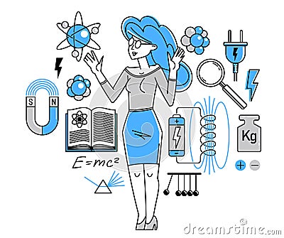 Physicist working on some theoretical physics or making an experiment vector outline illustration, or student studying physics in Vector Illustration