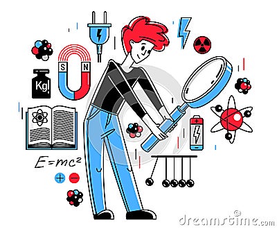 Physicist working on some theoretical physics or making an experiment vector outline illustration, or student studying physics in Vector Illustration