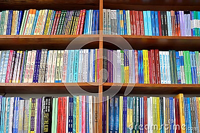 Physics books on the shelves Editorial Stock Photo