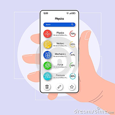 Physics categories smartphone interface vector template. Mobile app page white design layout. Learning mechanics screen Vector Illustration