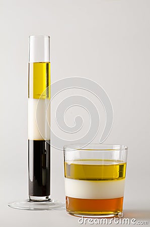 Physics. Immiscible liquids in separed layers. Stock Photo