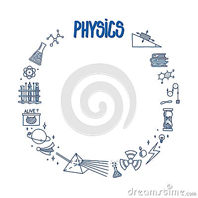 Physics doodle with light prism, books, atom. Circle frame with space for text. Physics theory elements isolated in Vector Illustration