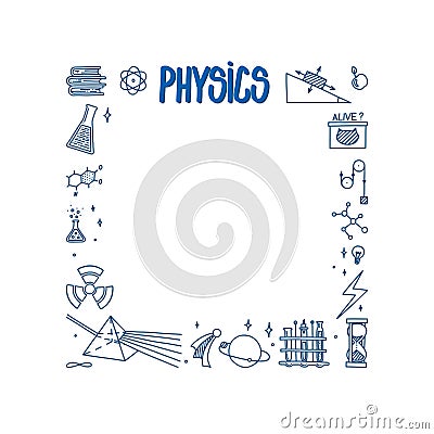 Physics doodle with light prism, books, atom. Square frame with space for text. Physics theory elements isolated in Vector Illustration