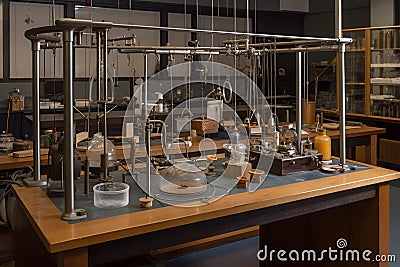 A physics experiment with various tools, such as a pendulum, pulleys, and weights, in a lab setting. Stock Photo