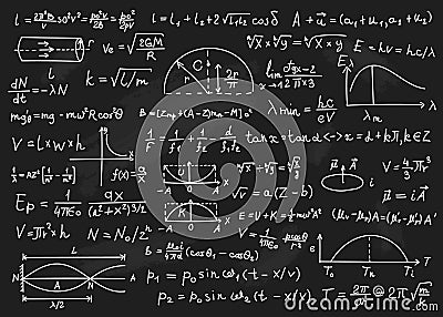 Physics formulas. Mathematical equations, physics theories, arithmetic calculations. Blackboard with scientific formulas Vector Illustration