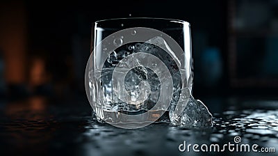 Physics. Ice cube floating in a glass of water. Archimedes principle Stock Photo