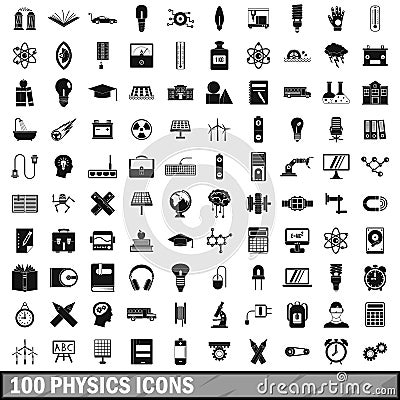 100 physics icons set, simple style Vector Illustration