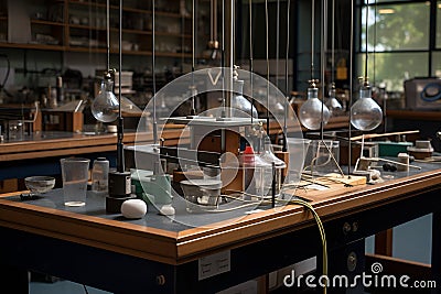 Physics laboratory experiment with pendulum, pulleys, and weights. Stock Photo