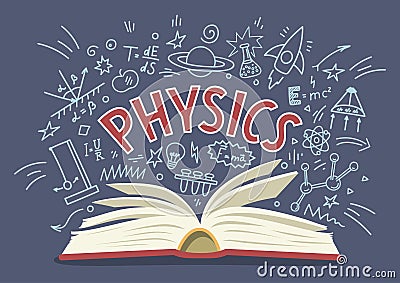 Physics. Open book with doodles with lettering. Vector Illustration