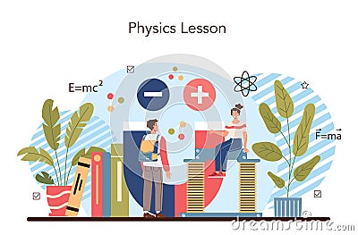 Physics school subject concept. Students explore electricity, magnetism Vector Illustration