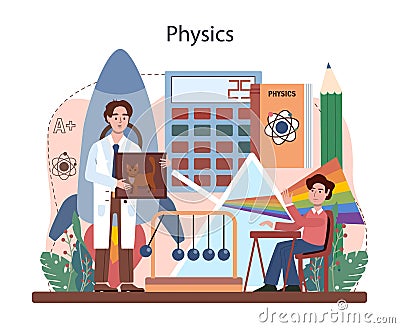 Physics school subject concept. Students explore electricity, magnetism Cartoon Illustration