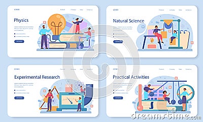 Physics school subject web banner or landing page set. Scientist Vector Illustration