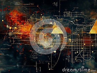 a physics themed artwork displays complex formulas and diagrams arranged in a dynamic and visually engaging layout Stock Photo