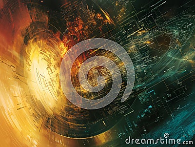 a physics themed artwork displays complex formulas and diagrams arranged in a dynamic and visually engaging layout Stock Photo