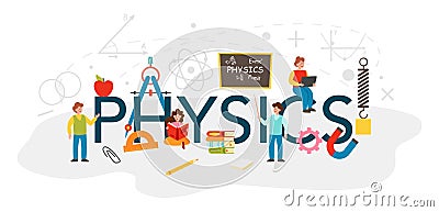 Physics typographic header. Scientist explore electricity, magnetism Vector Illustration