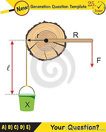 Physics, well, simple machines, next generation question template, dumb physics figures, exam question, eps Vector Illustration