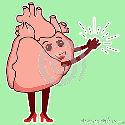 Physiological heart emoticon. Cute cardiology character claps his hands Vector Illustration