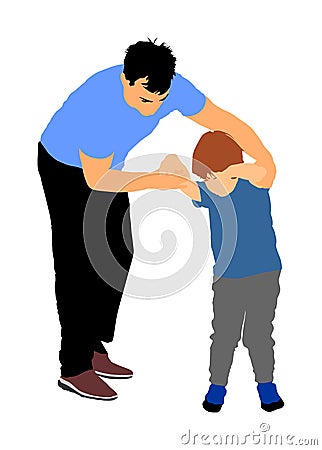 Physiotherapist and kid, boy exercising in rehabilitation center . Doctor supports the child during physiotherapy treatment. Cartoon Illustration