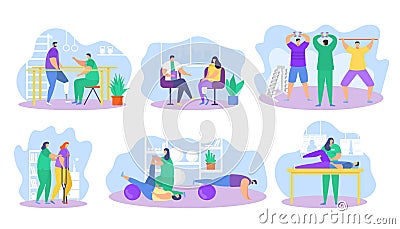 Physiotherapy rehabilitation assistance vector illustration, cartoon flat patient character on physical rehabilitating Vector Illustration